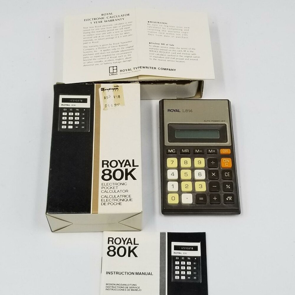 Vintage Royal 80K Electronic Pocket Calculator Model UA 119 Manual New Box
